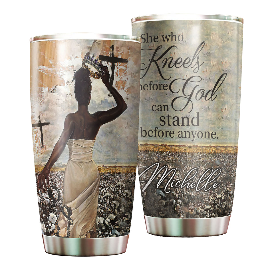 Camellia Personalized Afro Girl Kneels Before God Stand Before Anyone Stainless Steel Tumbler - Double-Walled Insulation Thermal Cup With Lid For Faith Believer Women
