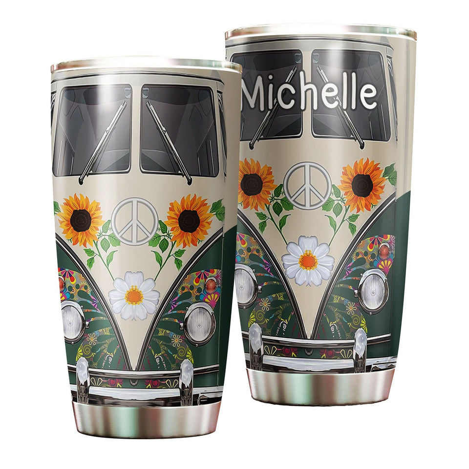 Camellia Personalized Sunflower Hippie Peace Lover Butterfly Graphics Stainless Steel Tumbler - Double-Walled Insulation Thermal Cup With Lid Gift For Hipster