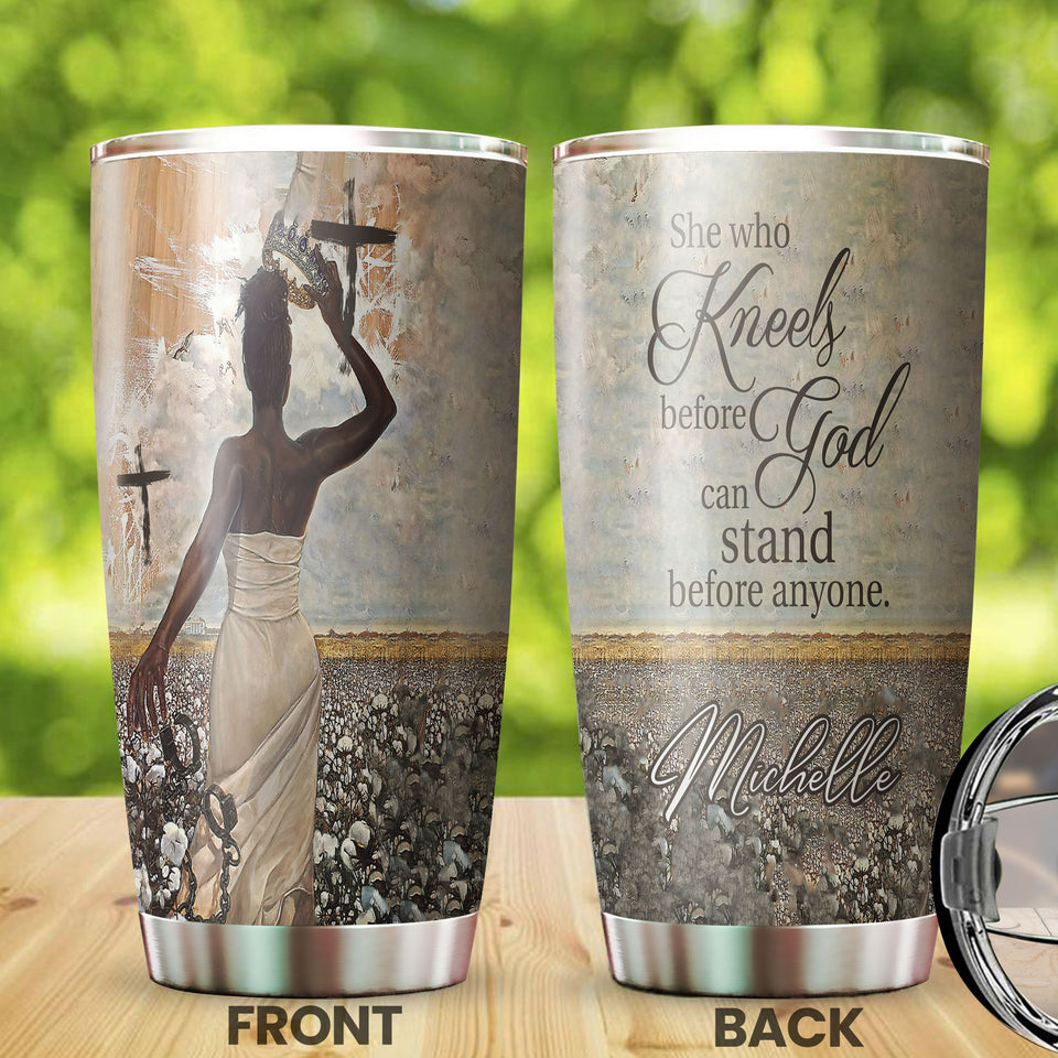 Camellia Personalized Afro Girl Kneels Before God Stand Before Anyone Stainless Steel Tumbler - Double-Walled Insulation Thermal Cup With Lid For Faith Believer Women