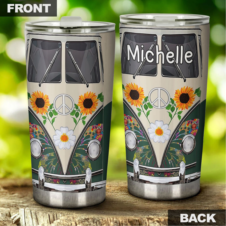 Camellia Personalized Sunflower Hippie Peace Lover Butterfly Graphics Stainless Steel Tumbler - Double-Walled Insulation Thermal Cup With Lid Gift For Hipster