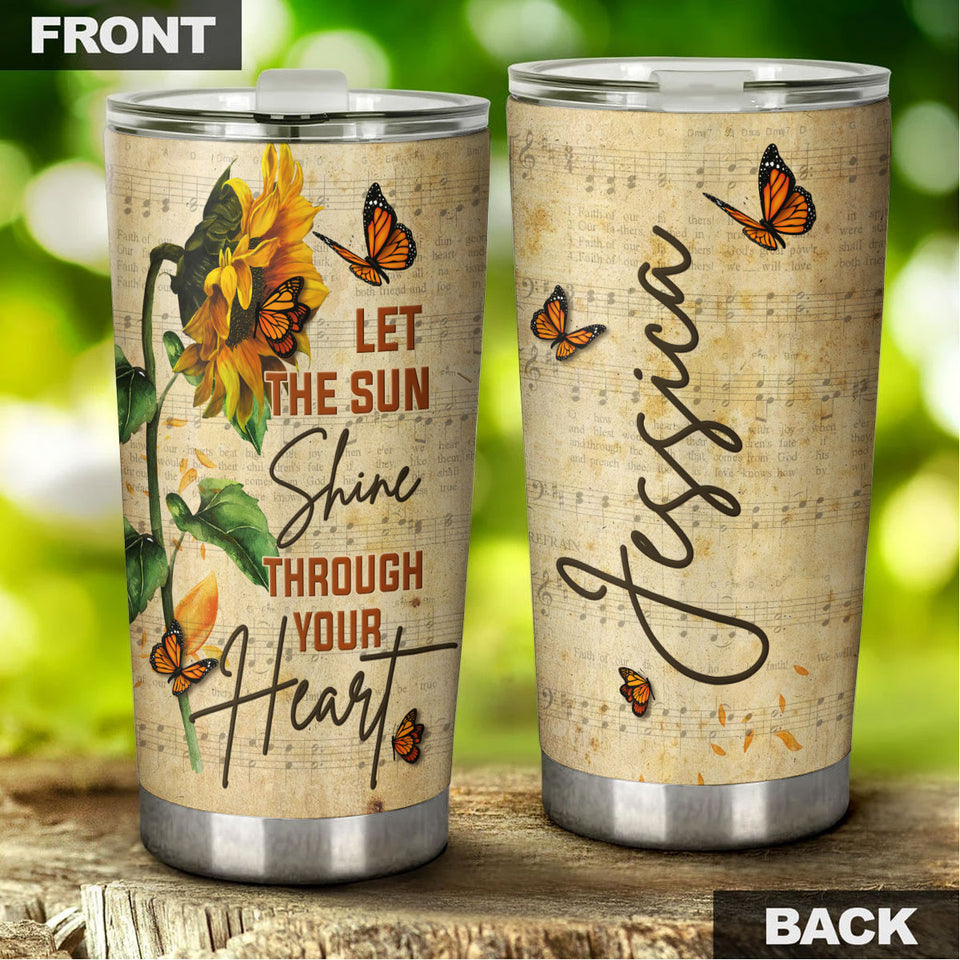Camellia Personalized Sunflower Hippie Let The Sun Shine Through Heart Stainless Steel Tumbler - Double-Walled Insulation Travel Thermal Cup With Lid Gift For Hipster Girl