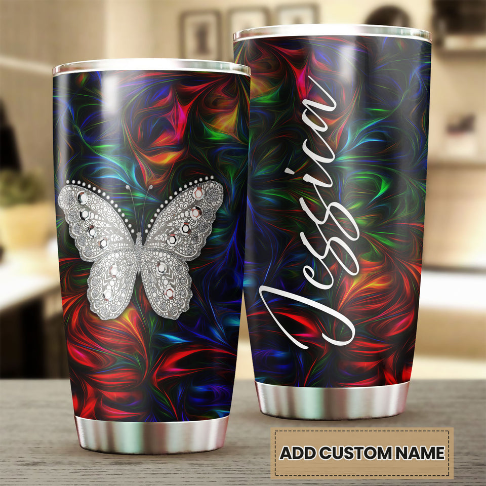 Camellia Personalized Colorful Butterfly Jewelry Style Stainless Steel Tumbler - Double-Walled Insulation Travel Thermal Cup With Lid Gift For Memorial Day
