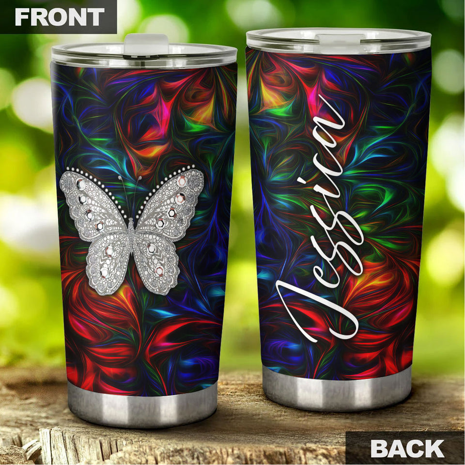 Camellia Personalized Colorful Butterfly Jewelry Style Stainless Steel Tumbler - Double-Walled Insulation Travel Thermal Cup With Lid Gift For Memorial Day