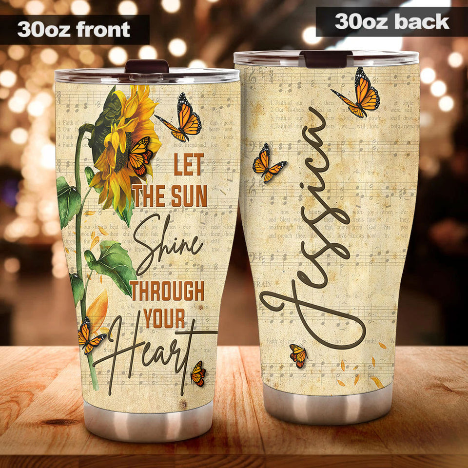 Camellia Personalized Sunflower Hippie Let The Sun Shine Through Heart Stainless Steel Tumbler - Double-Walled Insulation Travel Thermal Cup With Lid Gift For Hipster Girl