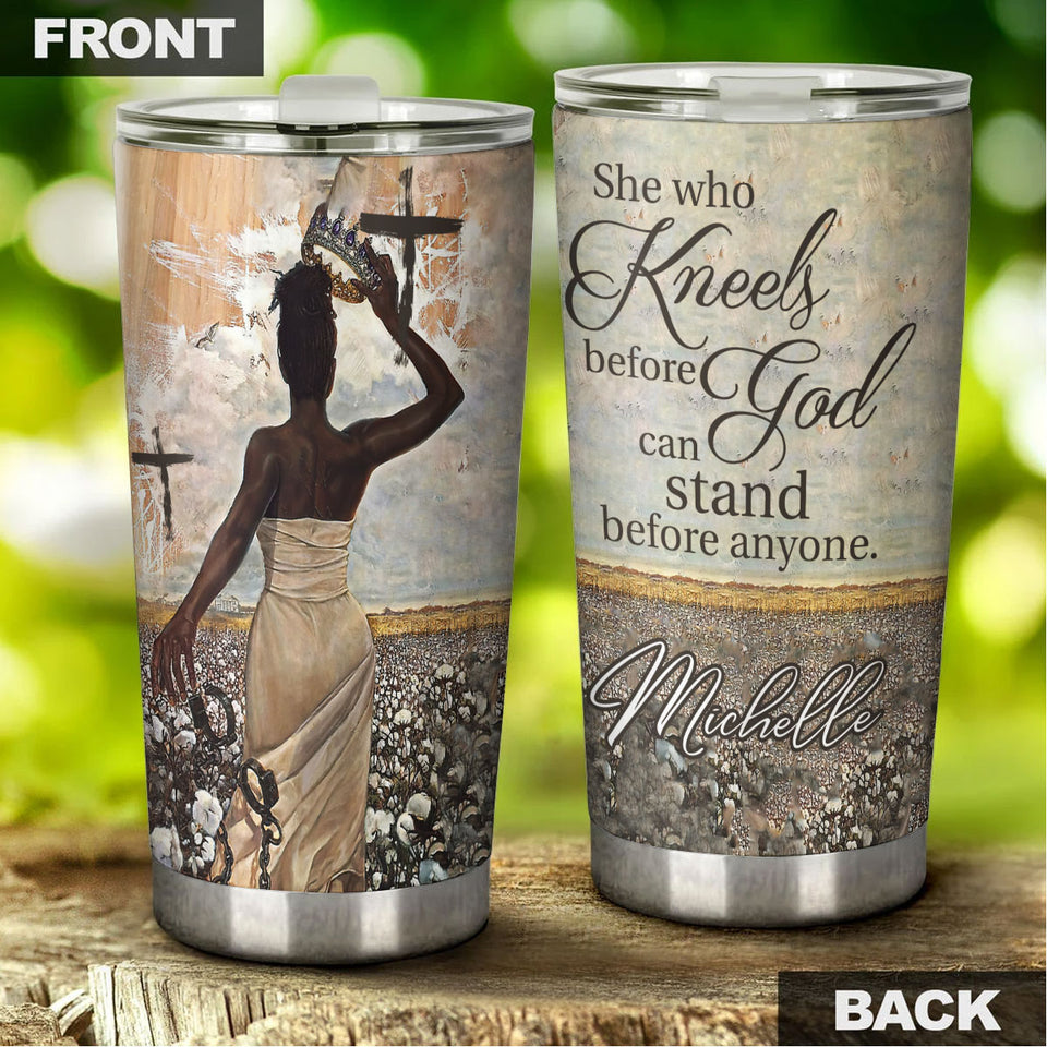 Camellia Personalized Afro Girl Kneels Before God Stand Before Anyone Stainless Steel Tumbler - Double-Walled Insulation Thermal Cup With Lid For Faith Believer Women