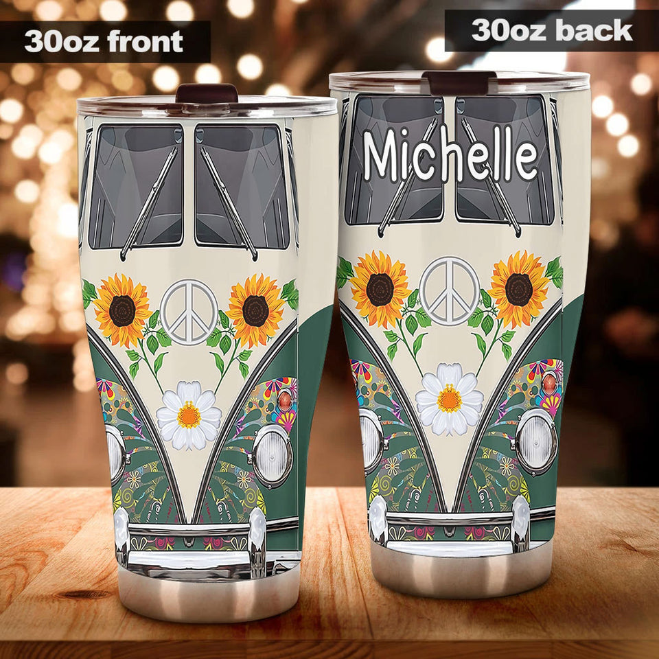Camellia Personalized Sunflower Hippie Peace Lover Butterfly Graphics Stainless Steel Tumbler - Double-Walled Insulation Thermal Cup With Lid Gift For Hipster