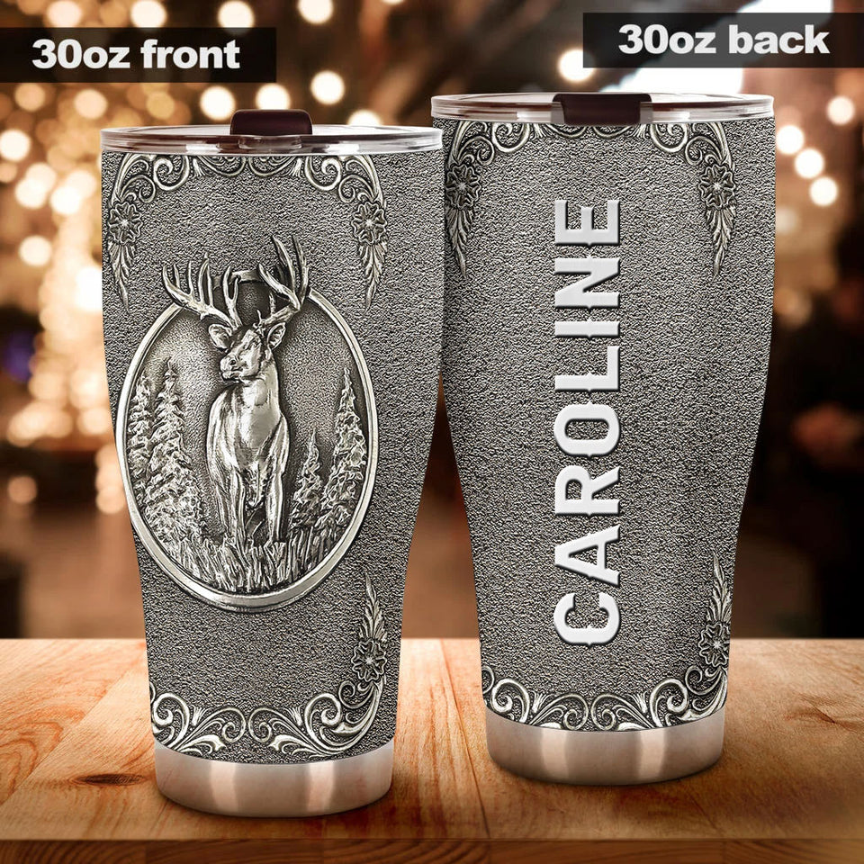 Camellia Personalized Deer Forest Hunting Silver Metal Style Stainless Steel Tumbler - Double-Walled Insulation Travel Thermal Cup With Lid Gift For Hunter Dad