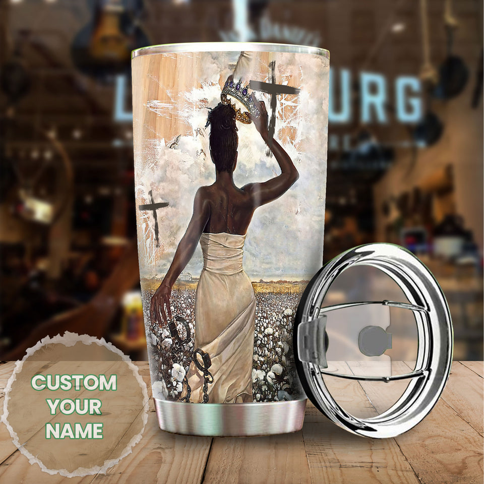 Camellia Personalized Afro Girl Kneels Before God Stand Before Anyone Stainless Steel Tumbler - Double-Walled Insulation Thermal Cup With Lid For Faith Believer Women
