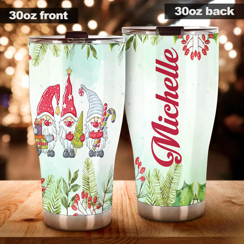 Camellia Personalized Gnomes Wearing Santa Hat Merry Christmas Stainless Steel Tumbler - Double-Walled Insulation Thermal Cup With Lid Gift For Xmas Holiday