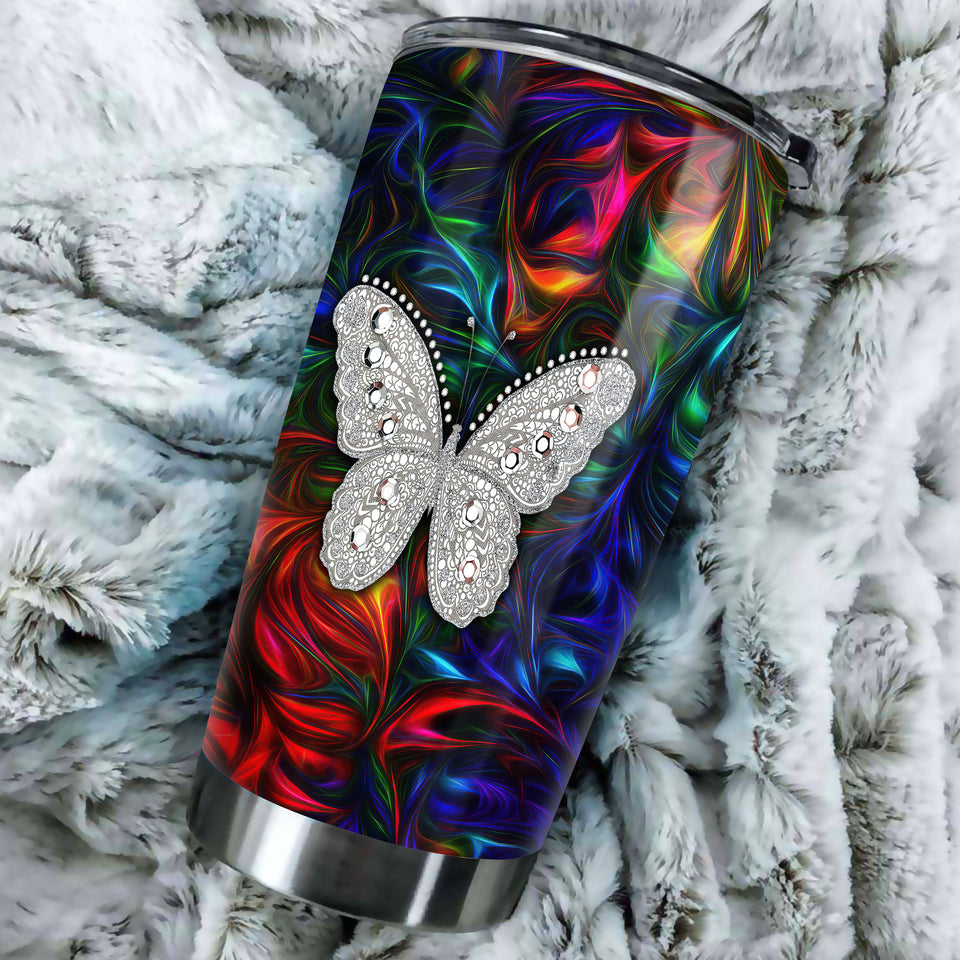 Camellia Personalized Colorful Butterfly Jewelry Style Stainless Steel Tumbler - Double-Walled Insulation Travel Thermal Cup With Lid Gift For Memorial Day