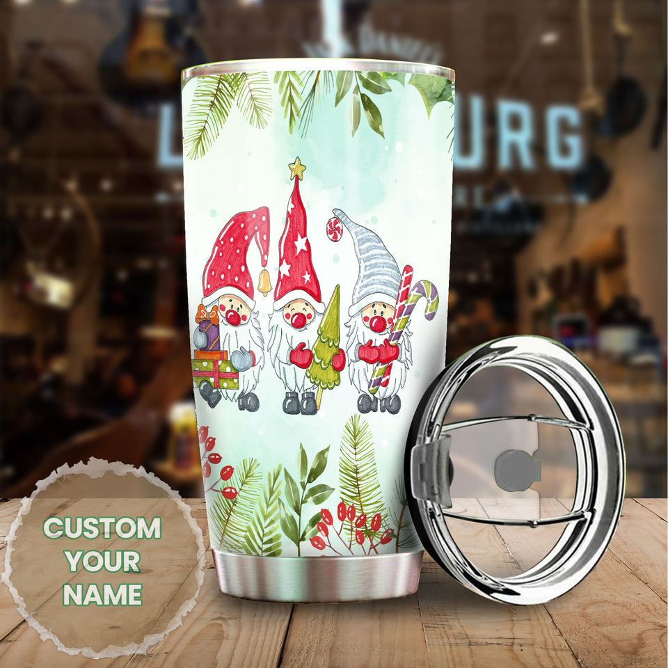 Camellia Personalized Gnomes Wearing Santa Hat Merry Christmas Stainless Steel Tumbler - Double-Walled Insulation Thermal Cup With Lid Gift For Xmas Holiday