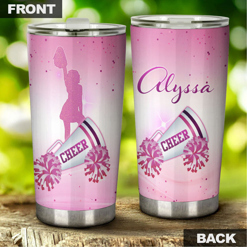 Camellia Personalized Cheerleading Girl Pink Graphics Stainless Steel Tumbler - Double-Walled Insulation Sporty Thermal Cup With Lid Gift For Cheerleaders Teenager Girl
