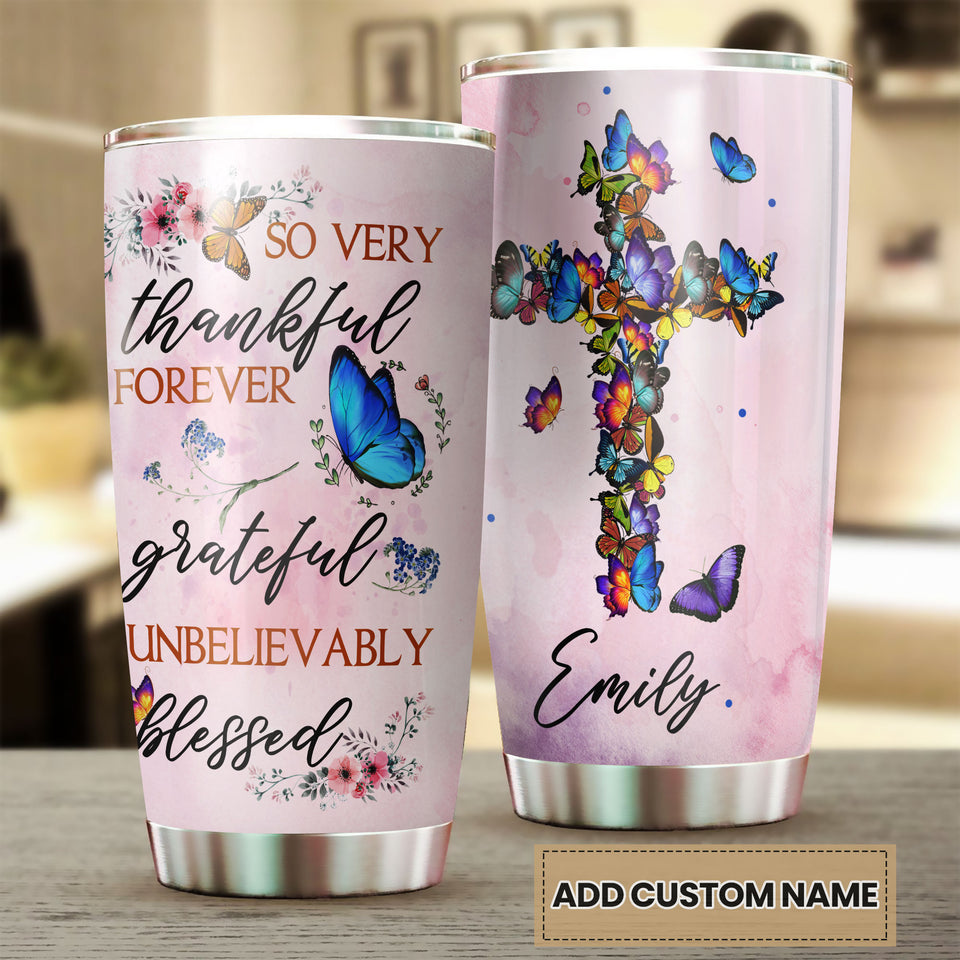 Camellia Personalized Butterfly Thankful Forever Unbelievably Blessed Stainless Steel Tumbler - Double-Walled Insulation Thermal Cup With For Memorable Day