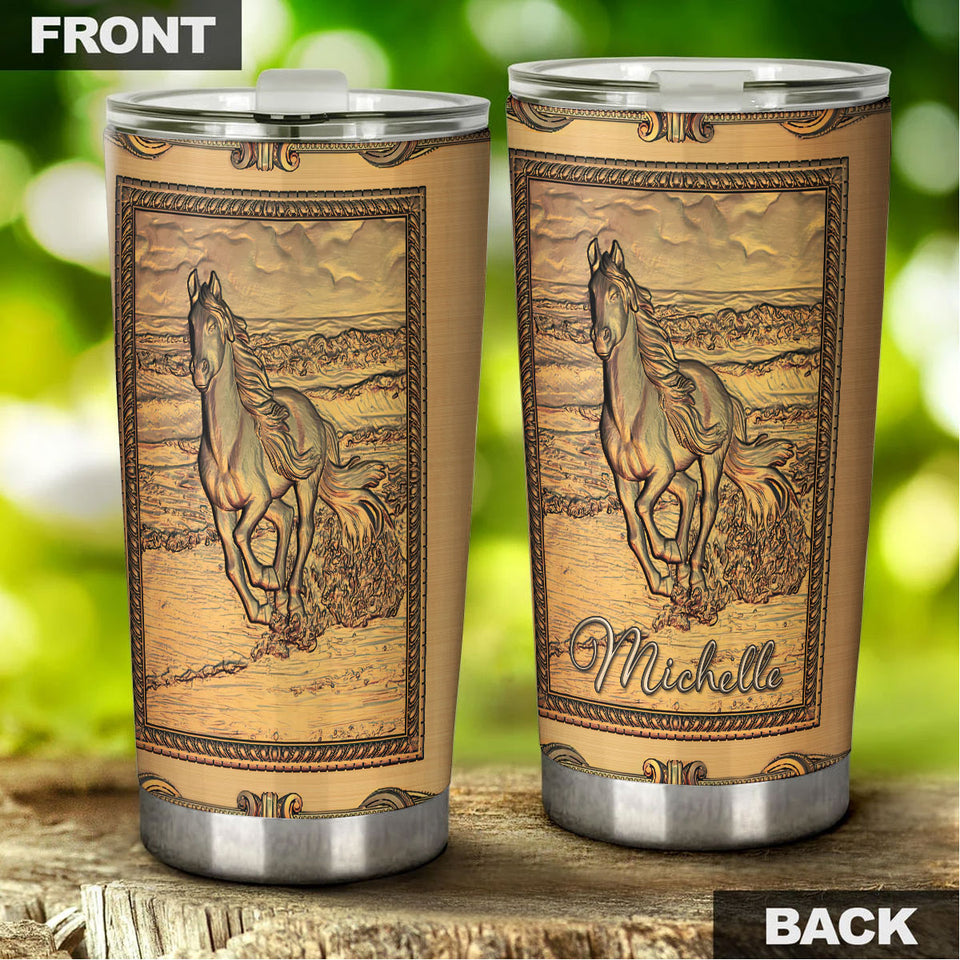Camellia Personalized Viking Horse Metal Style Stainless Steel Tumbler - Double-Walled Insulation Travel Thermal Cup With Lid Gift For Birthday Horse Lover Barrel Racing