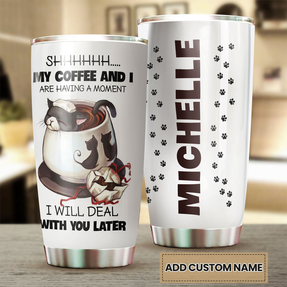 Personalized Black Cat My Coffee and I Stainless Steel Tumbler - double-wall vacuum insulated coffee travel tumbler detail