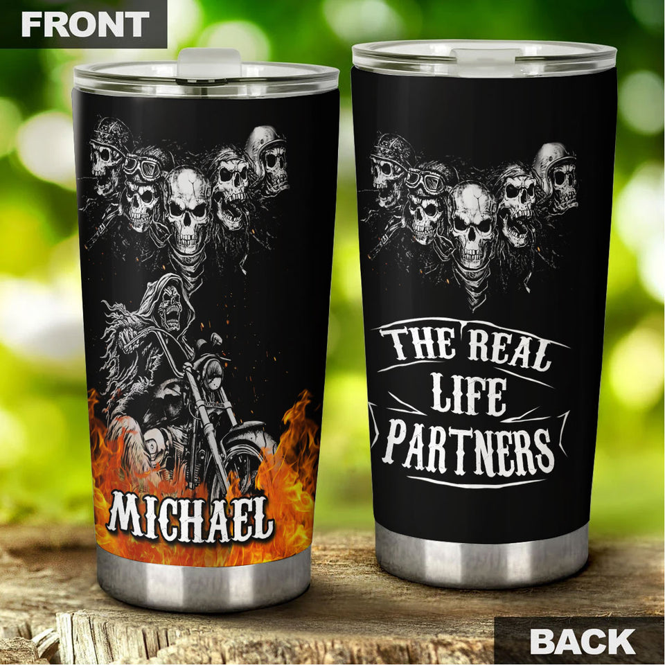 Camellia Personalized The Real Life Partner Skeleton Motorcycling Graphics Stainless Steel Tumbler - Double-Walled Insulation Thermal Cup With Lid Gift For Biker Men