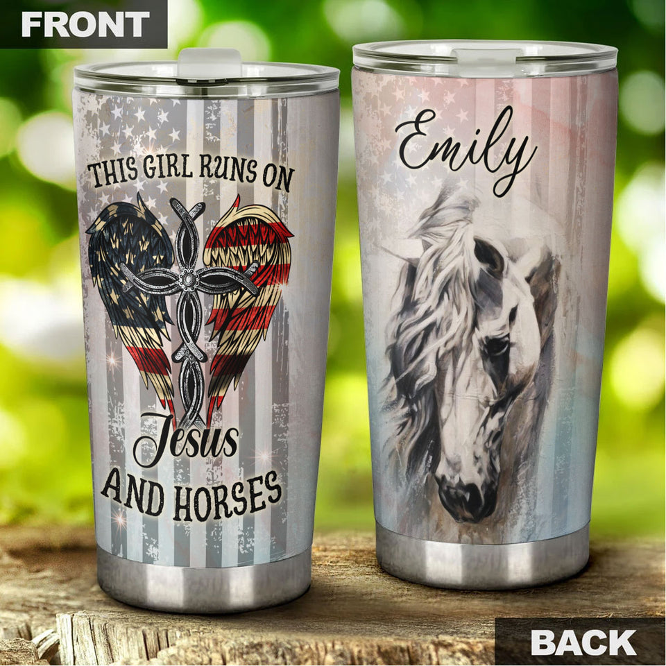 Camellia Personalized Girl Runs On Jesus And Horses American Flag Stainless Steel Tumbler - Double-Walled Insulation Thermal Cup With Lid Gift For Horse Lover