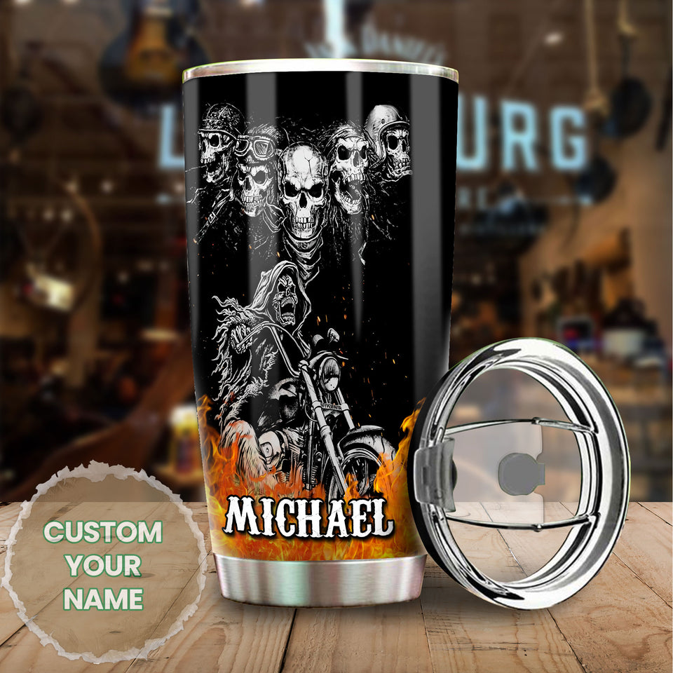 Camellia Personalized The Real Life Partner Skeleton Motorcycling Graphics Stainless Steel Tumbler - Double-Walled Insulation Thermal Cup With Lid Gift For Biker Men