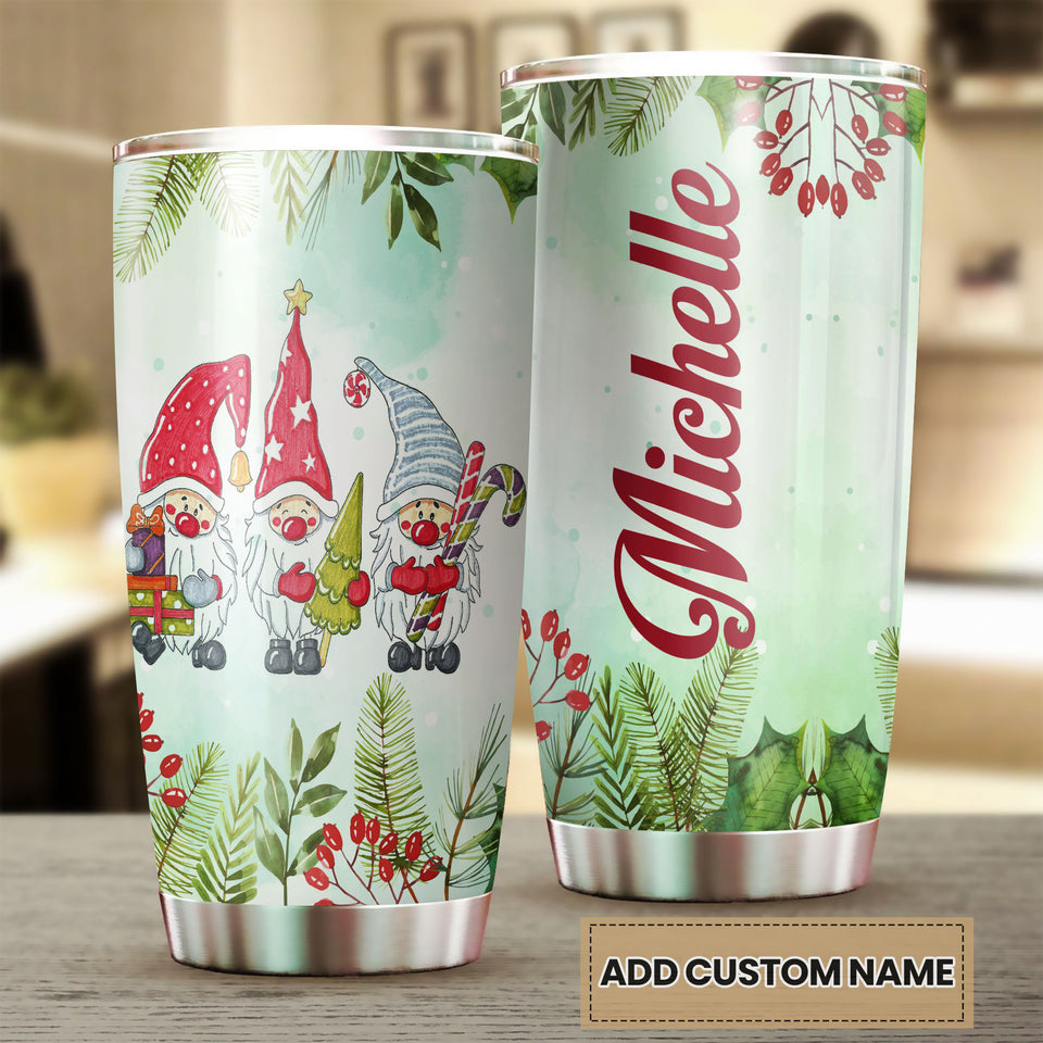 Camellia Personalized Gnomes Wearing Santa Hat Merry Christmas Stainless Steel Tumbler - Double-Walled Insulation Thermal Cup With Lid Gift For Xmas Holiday