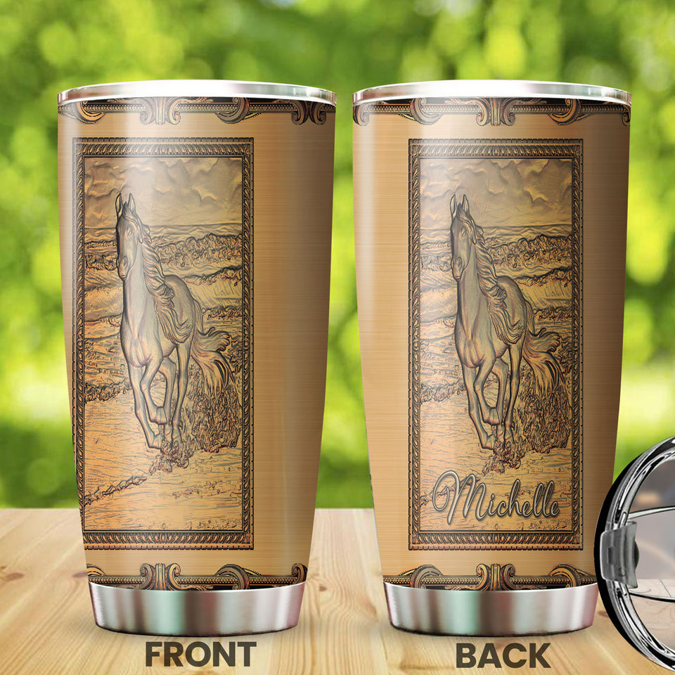 Camellia Personalized Viking Horse Metal Style Stainless Steel Tumbler - Double-Walled Insulation Travel Thermal Cup With Lid Gift For Birthday Horse Lover Barrel Racing