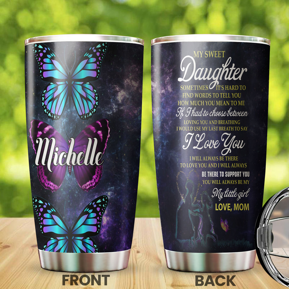 Camellia Personalized Butterfly To My Daughter Loving Letter Stainless Steel Tumbler - Double-Walled Insulation Travel Thermal Cup With Lid Mom Gift For Daughter