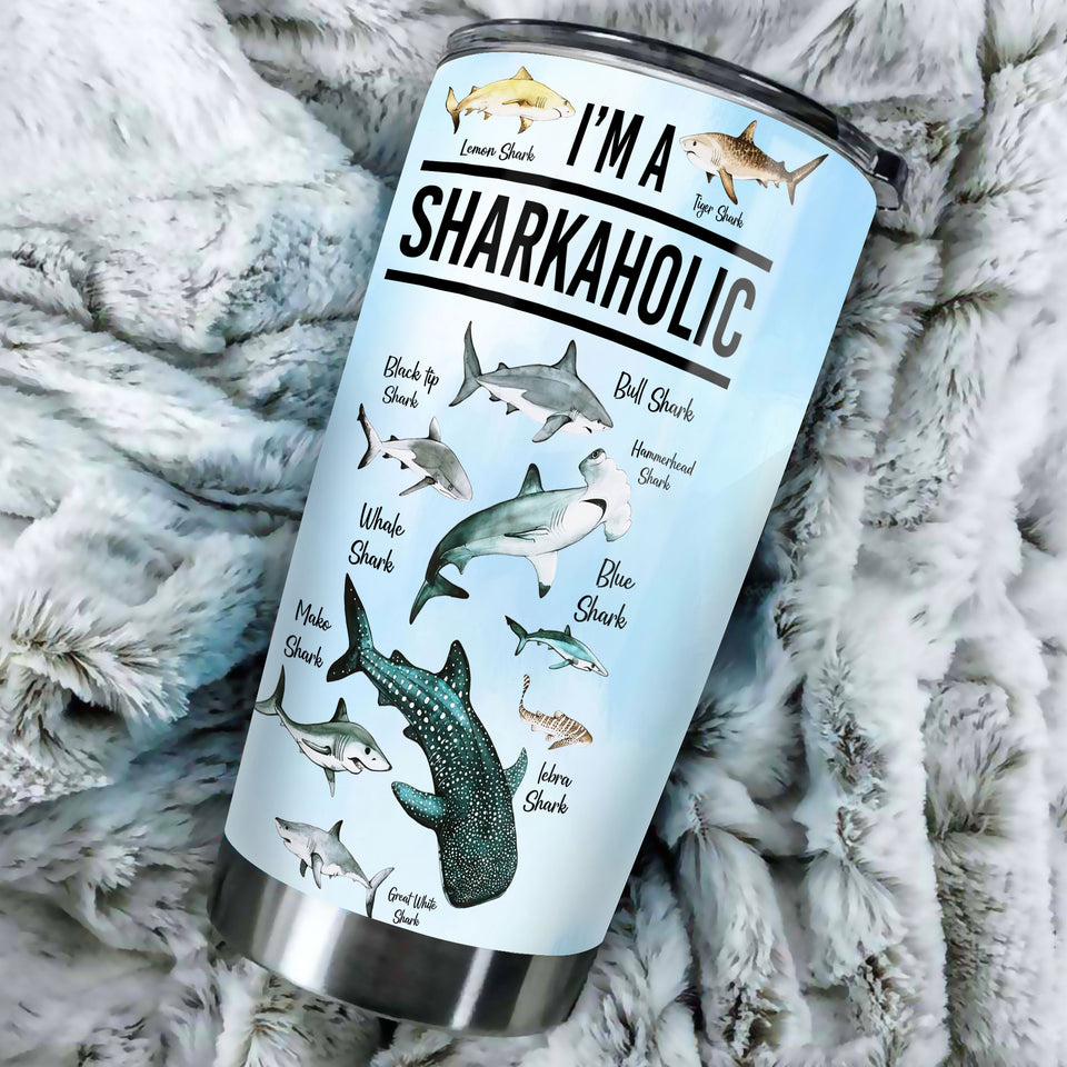 Camellia Personalized I'm A Sharkholic Shark Breeds Knowledge Stainless Steel Tumbler - Double-Walled Insulation Travel Thermal Cup With Lid Gift For Scuba Diver Shark Lover