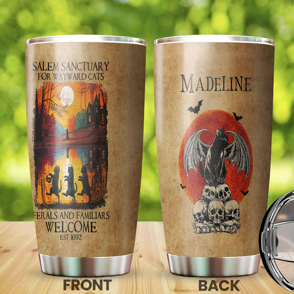 Personalized Salem Sanctuary for Wayward Cats Black Cat Skull - Cat Lovers Tumbler view #7