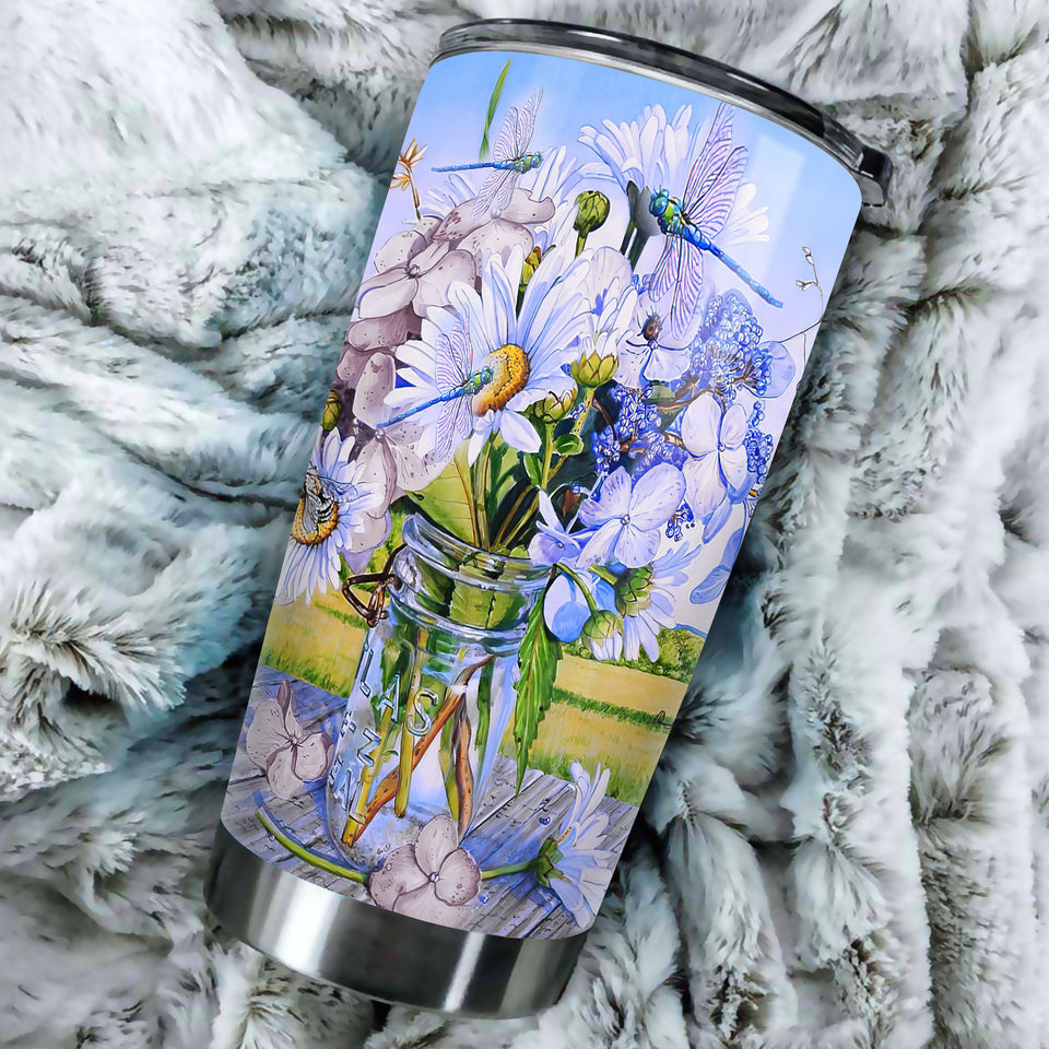 Camellia Personalized Farming Daisy Dragonfly Everyday Is A New Beginning Stainless Steel Tumbler - Double-Walled Insulation Travel Thermal Cup With Lid Gift For Nature Lover
