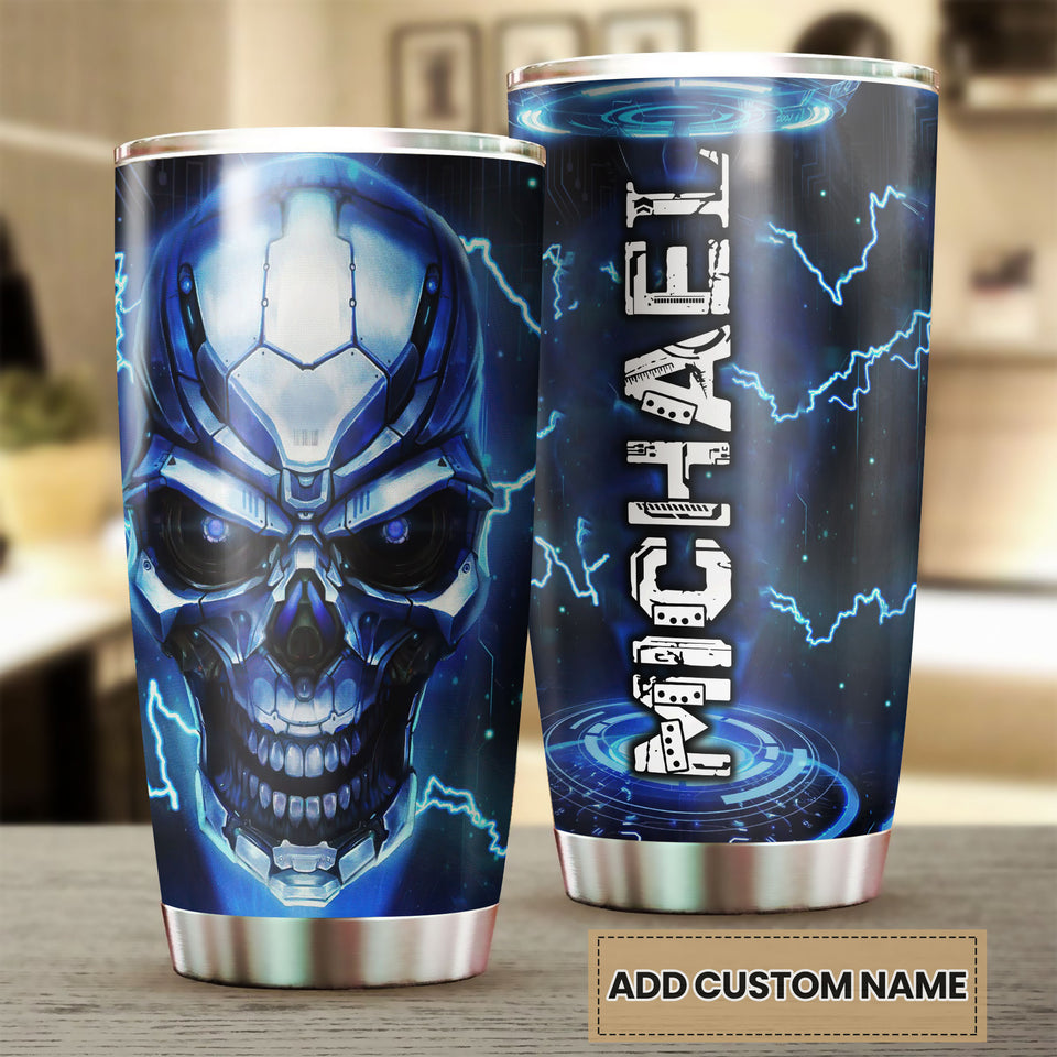 Camellia Personalized Cyborg Skull Skeleton Graphics Stainless Steel Tumbler - Double-Walled Insulation Travel Thermal Cup With Lid Gift For Skull Lover Trucker Biker Men