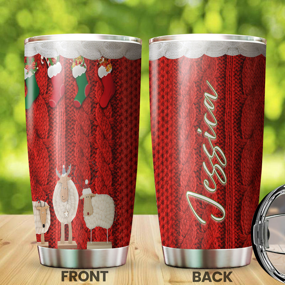 Camellia Personalized Christmas Wools Red Socks Sheep Yarn Knitting Stainless Steel Tumbler - Double-Walled Insulation Thermal Cup With Lid Xmas Gift For Crocheting Lover