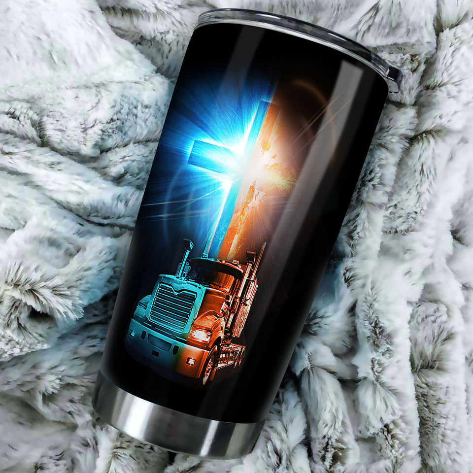 Camellia Personalized Metal Truck Trucker Faith Graphics Stainless Steel Tumbler - Double-Walled Insulation Travel Thermal Cup With Lid Gift For Faith Believer Trucker Men