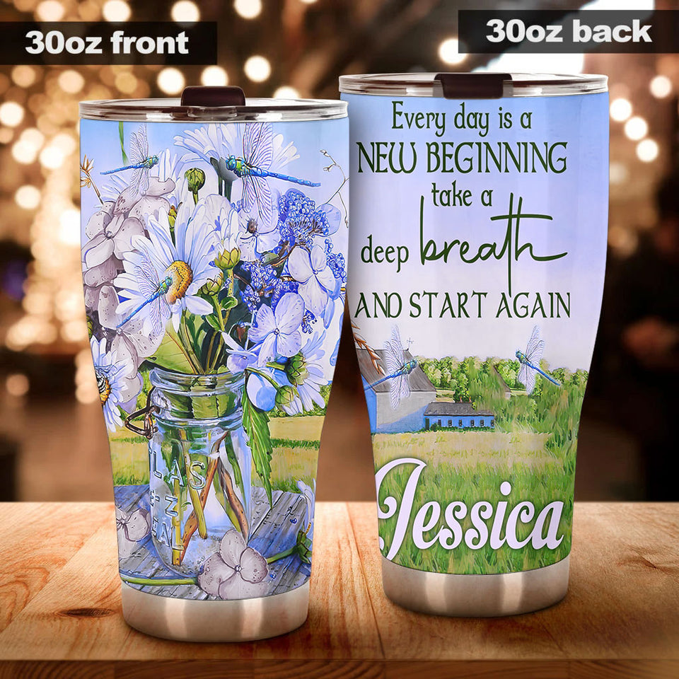 Camellia Personalized Farming Daisy Dragonfly Everyday Is A New Beginning Stainless Steel Tumbler - Double-Walled Insulation Travel Thermal Cup With Lid Gift For Nature Lover