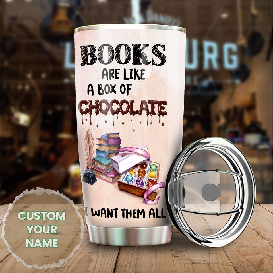 Camellia Personalized Books Chocolate Want Them All Girl Stainless Steel Tumbler - Double-Walled Insulation Travel Thermal Cup With Lid Gift For Nerd Book Sweet Lover Girl