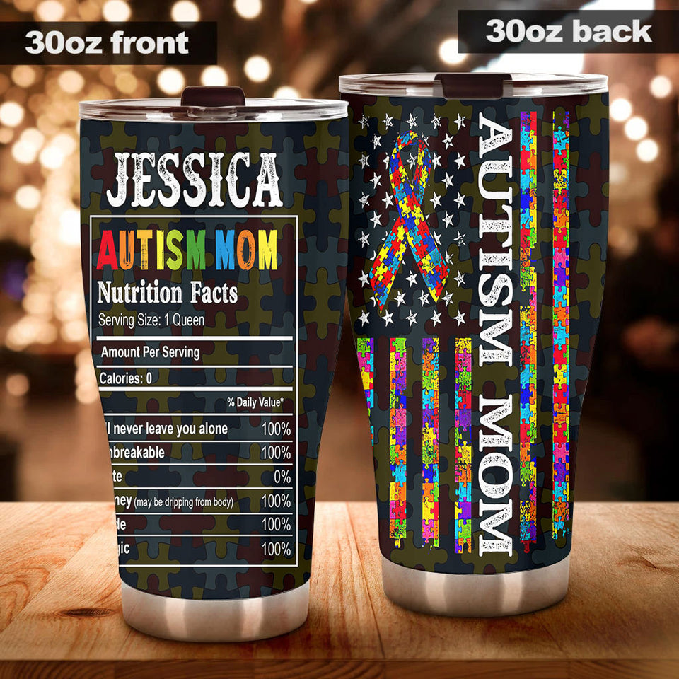 Camellia Personalized Autism Mom Nutrition Facts Pieces Ribbon Stainless Steel Tumbler - Double-Walled Insulation Travel Thermal Cup With Lid Gift For Autism Awareness Month