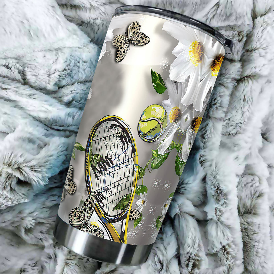 Camellia Personalized Tennis Racket And Ball Butterfly Daisy Graphics Stainless Steel Tumbler - Double-Walled Insulation Sporty Thermal Cup With Lid Gift For Tennis Player Women