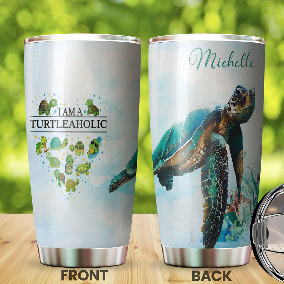 Camellia Personalized Sea Turtle I Am A Turtleaholic Graphics Stainless Steel Tumbler - Double-Walled Insulation Travel Thermal Cup With Lid Gift For Turtle Sea Lover