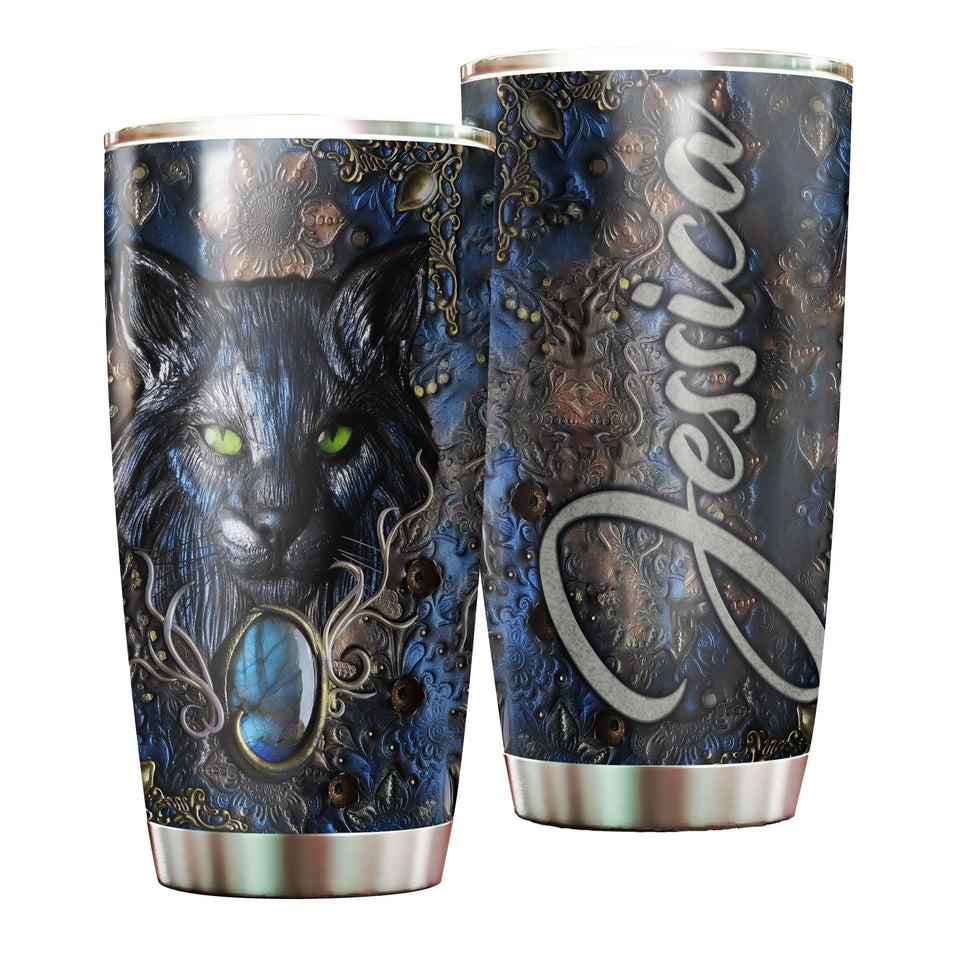 Camellia Personalized Wild Cat Wooden Style Vintage Stainless Steel Tumbler - Double-Walled Insulation Travel Thermal Cup With Lid Gift For Pet Lover Cat Mom
