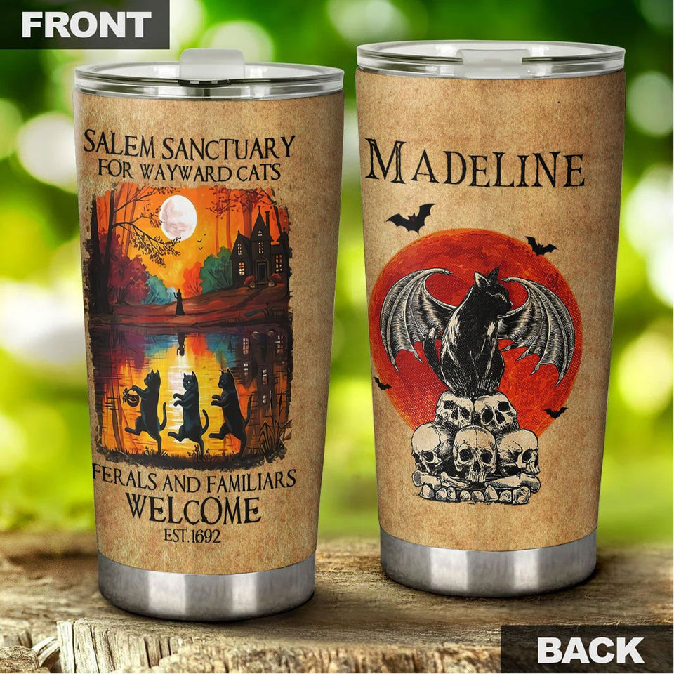 Personalized Salem Sanctuary for Wayward Cats Black Cat Skull - Cat Lovers Tumbler view #5