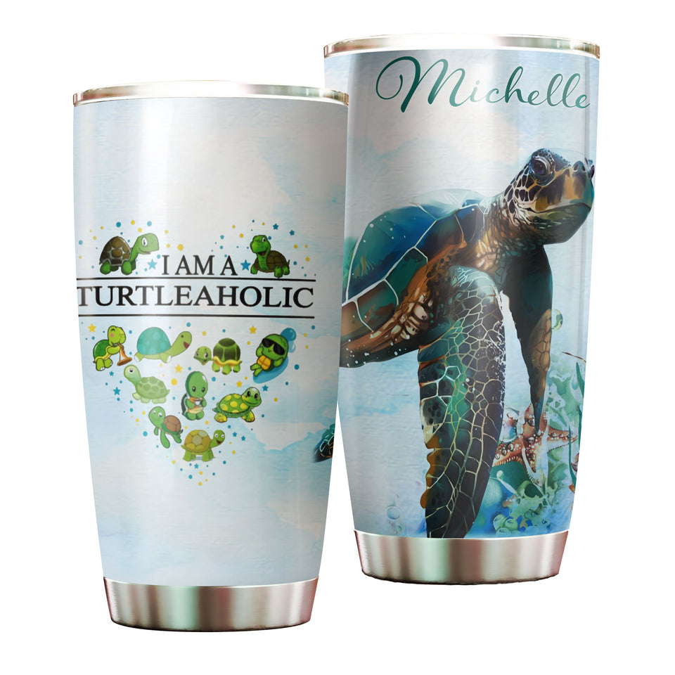 Camellia Personalized Sea Turtle I Am A Turtleaholic Graphics Stainless Steel Tumbler - Double-Walled Insulation Travel Thermal Cup With Lid Gift For Turtle Sea Lover