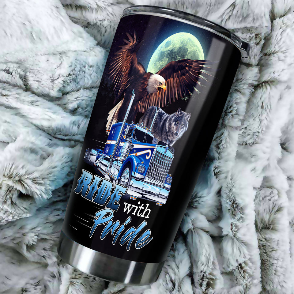 Camellia Personalized Metal Truck Ride With Pride Eagle Wolf Graphics Stainless Steel Tumbler - Double-Walled Insulation Travel Thermal Cup With Lid Gift For Trucker Men
