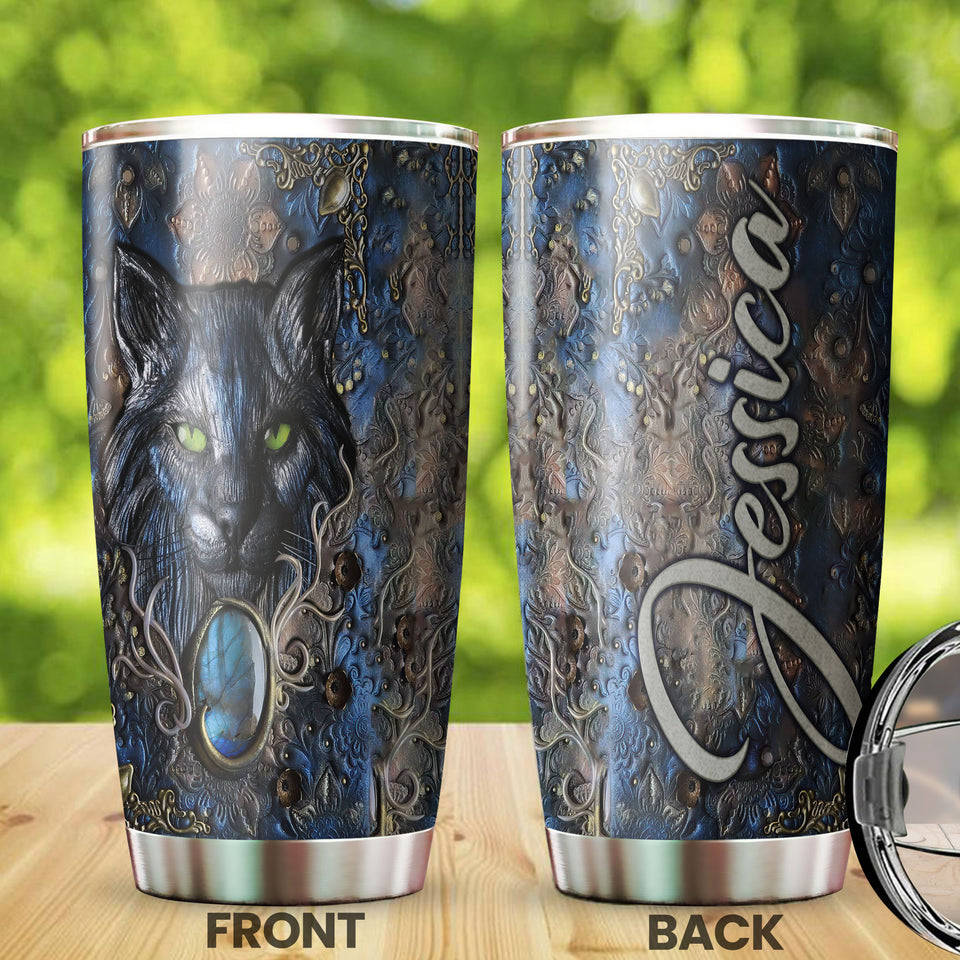Camellia Personalized Wild Cat Wooden Style Vintage Stainless Steel Tumbler - Double-Walled Insulation Travel Thermal Cup With Lid Gift For Pet Lover Cat Mom