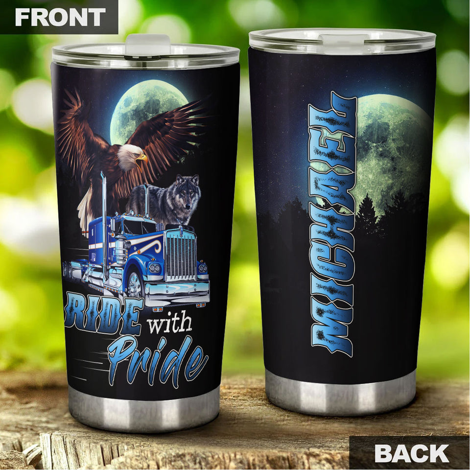 Camellia Personalized Metal Truck Ride With Pride Eagle Wolf Graphics Stainless Steel Tumbler - Double-Walled Insulation Travel Thermal Cup With Lid Gift For Trucker Men