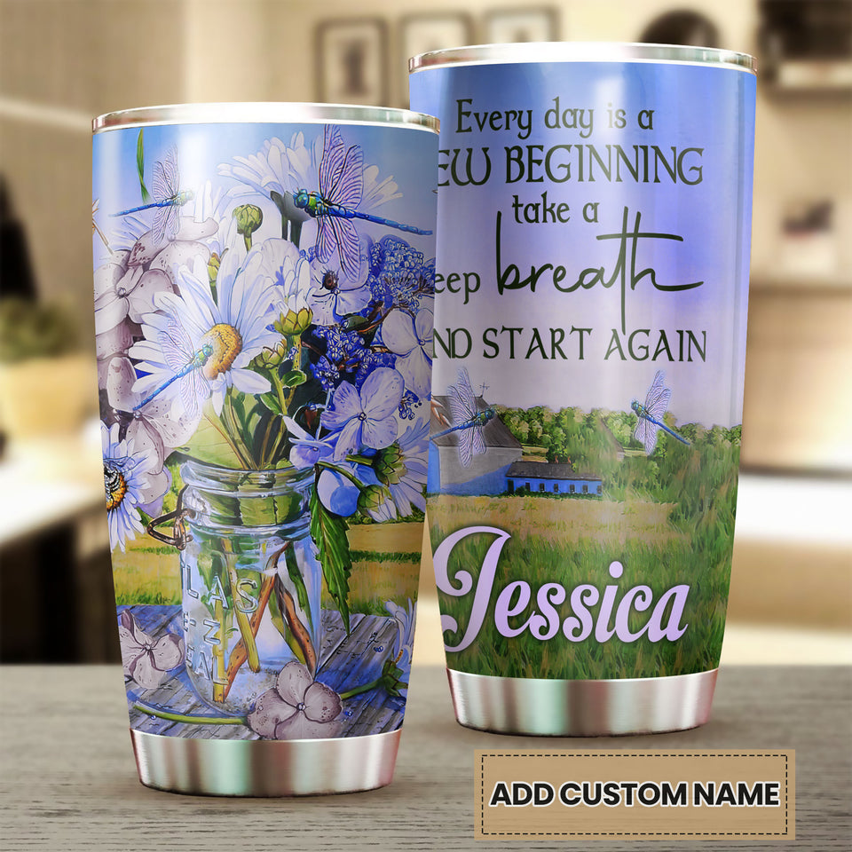 Camellia Personalized Farming Daisy Dragonfly Everyday Is A New Beginning Stainless Steel Tumbler - Double-Walled Insulation Travel Thermal Cup With Lid Gift For Nature Lover