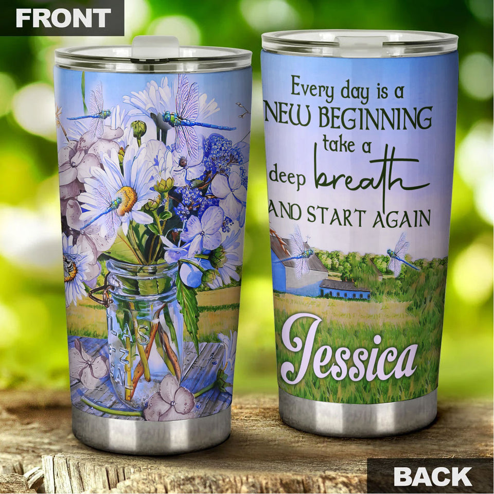 Camellia Personalized Farming Daisy Dragonfly Everyday Is A New Beginning Stainless Steel Tumbler - Double-Walled Insulation Travel Thermal Cup With Lid Gift For Nature Lover