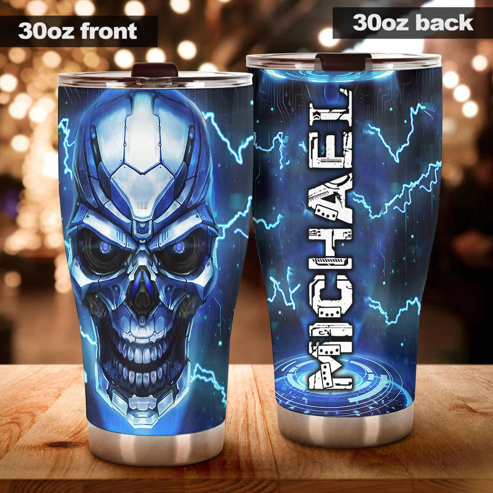 Camellia Personalized Cyborg Skull Skeleton Graphics Stainless Steel Tumbler - Double-Walled Insulation Travel Thermal Cup With Lid Gift For Skull Lover Trucker Biker Men