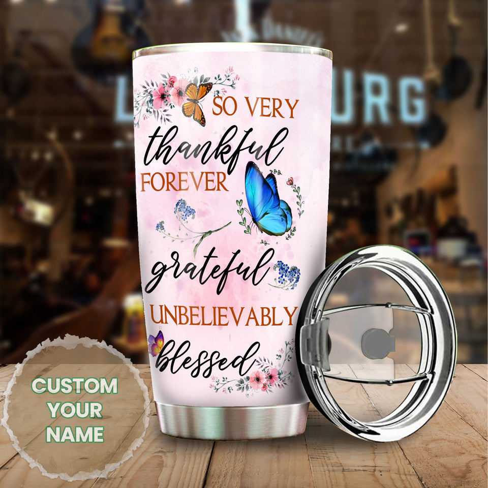 Camellia Personalized Butterfly Thankful Forever Unbelievably Blessed Stainless Steel Tumbler - Double-Walled Insulation Thermal Cup With For Memorable Day