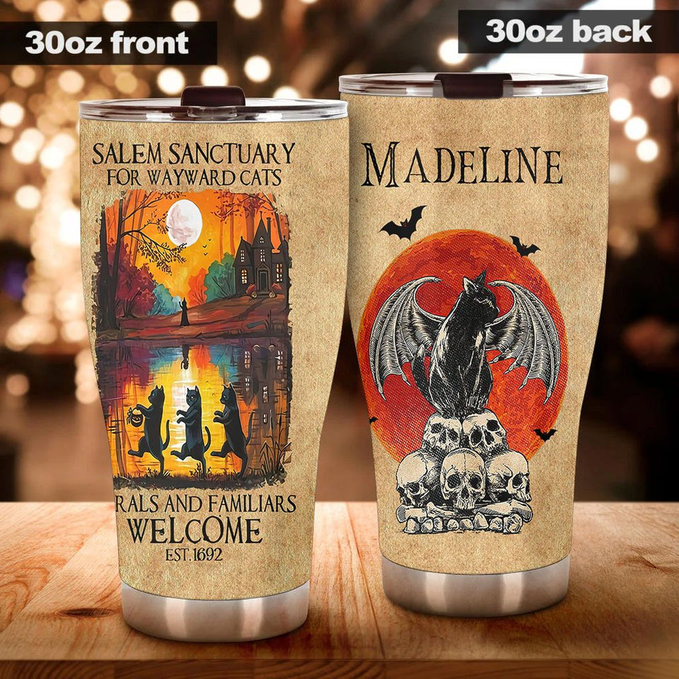 Personalized Salem Sanctuary for Wayward Cats Black Cat Skull - Cat Lovers Tumbler view #4
