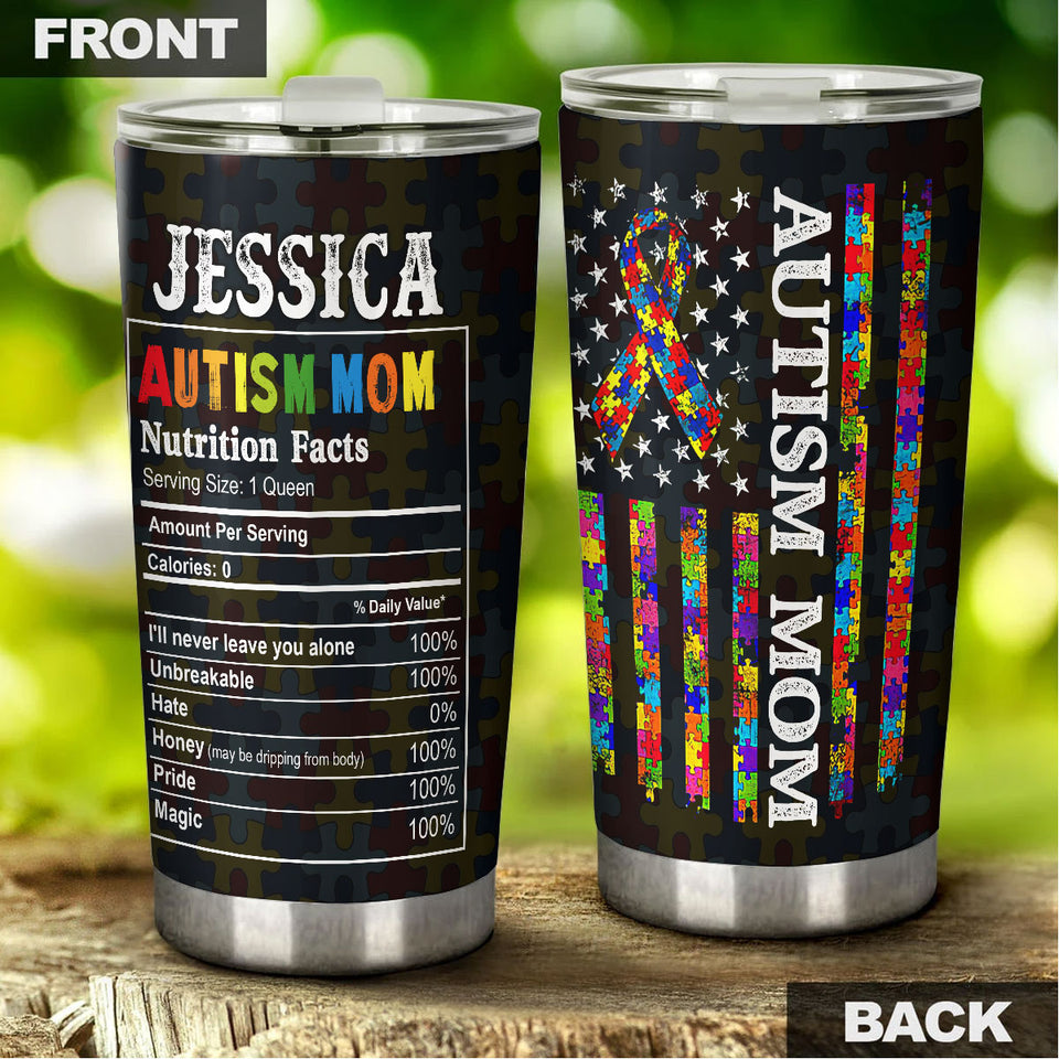 Camellia Personalized Autism Mom Nutrition Facts Pieces Ribbon Stainless Steel Tumbler - Double-Walled Insulation Travel Thermal Cup With Lid Gift For Autism Awareness Month