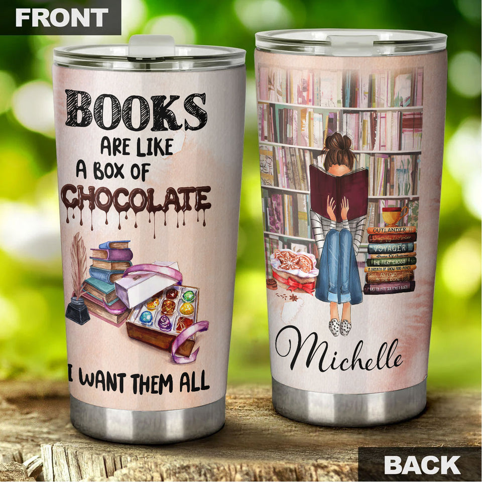 Camellia Personalized Books Chocolate Want Them All Girl Stainless Steel Tumbler - Double-Walled Insulation Travel Thermal Cup With Lid Gift For Nerd Book Sweet Lover Girl