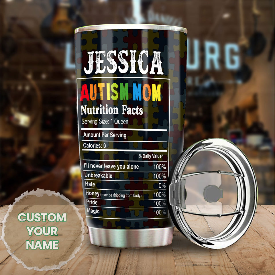 Camellia Personalized Autism Mom Nutrition Facts Pieces Ribbon Stainless Steel Tumbler - Double-Walled Insulation Travel Thermal Cup With Lid Gift For Autism Awareness Month